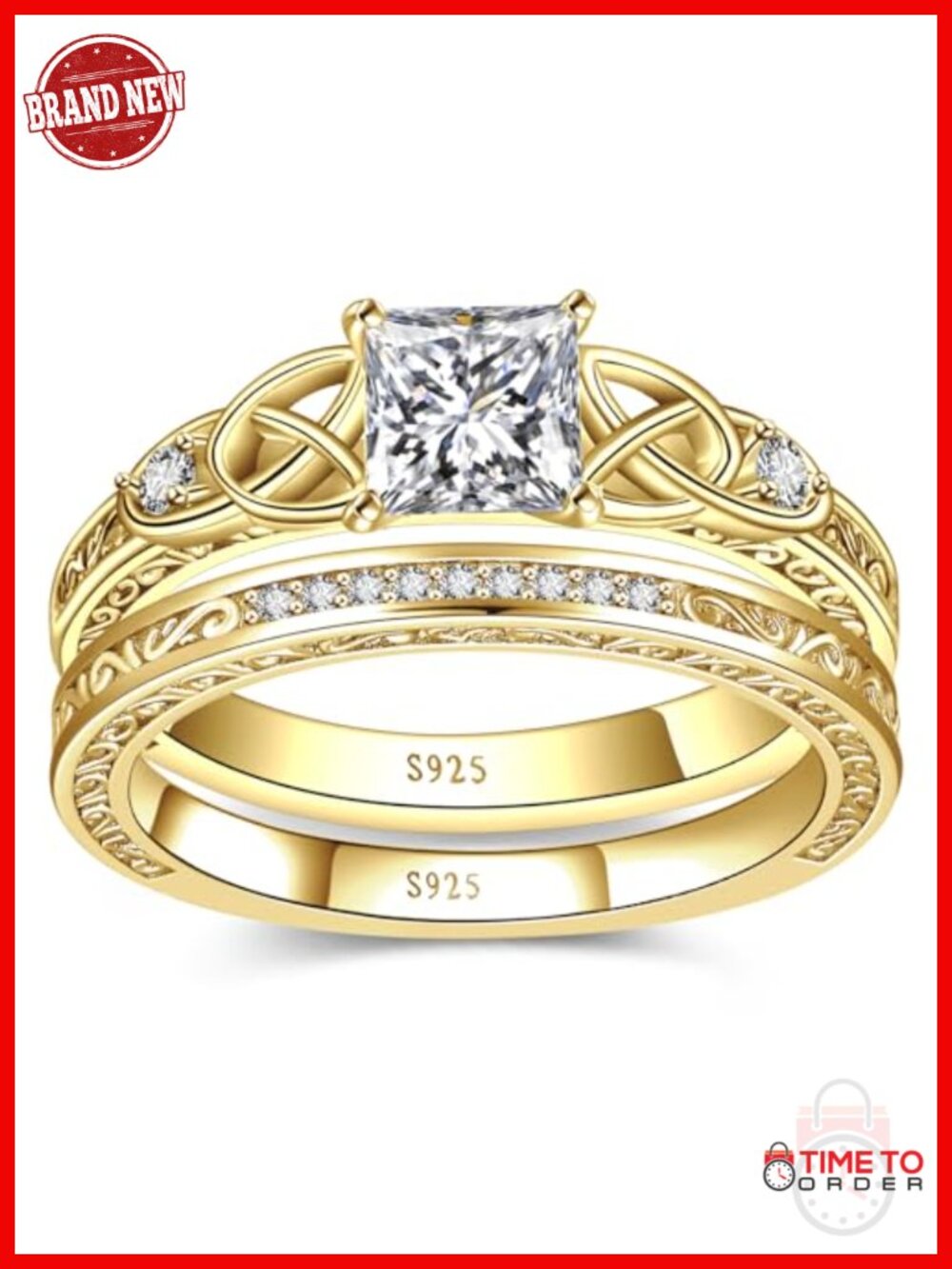 Vintage Celtic Knot Wedding Ring Set 925 Sterling Silver 14K Gold Plated